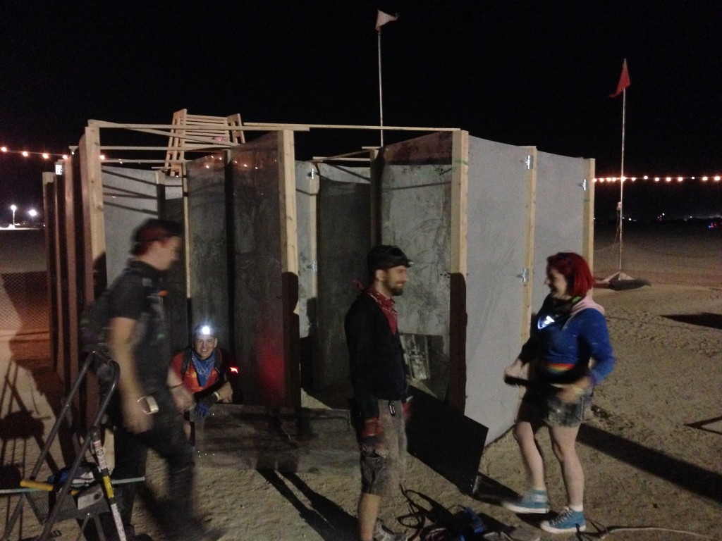 A blurry end to night 3 construction!  (l-r Evan, Greg, Kosta, S)