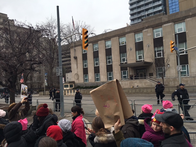 The negative space between the March and the U.S. Consulate, Women's March 2017 estimated at 60,000 in Toronto.