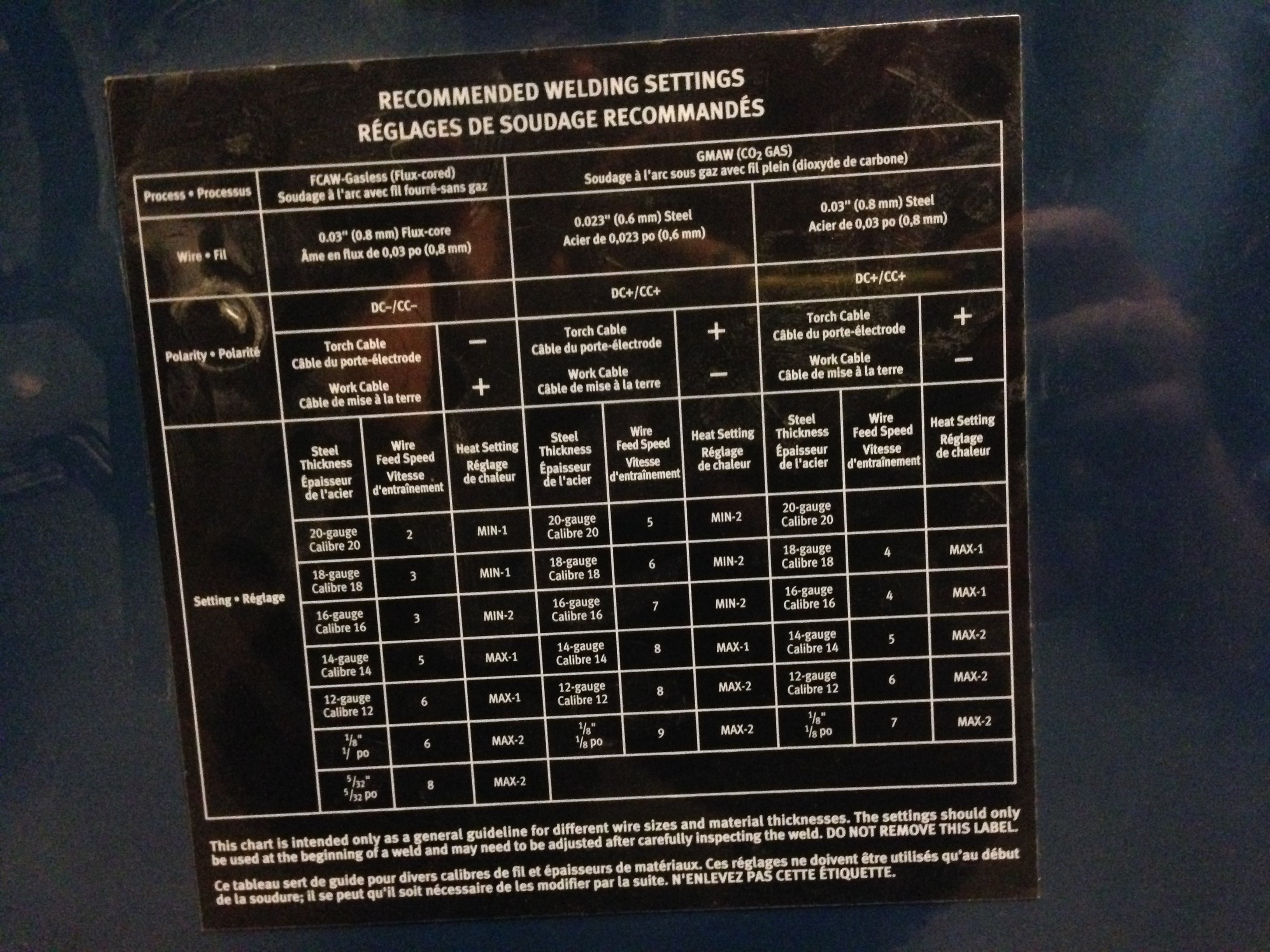 MIG welder settings.  I think we used the center column, somewhere between 12- and 16-gauge.