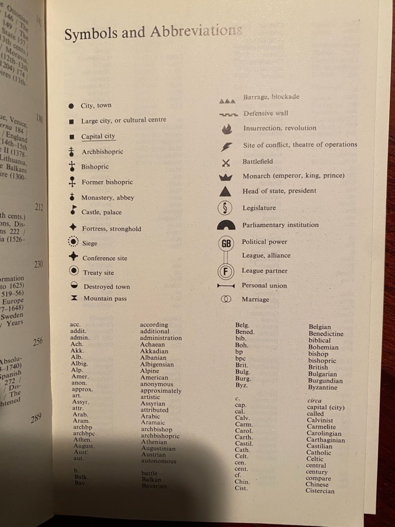 Just a few of the many abbreviations used in the Penguin Atlas of World History.  Carth. Del. E.