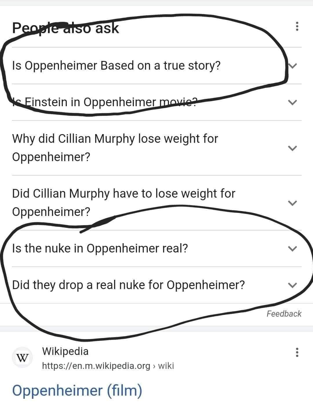 Image of text showing a list of 'People also ask' suggestions from a Google search answering a question about the movie 'Oppenheimer'.