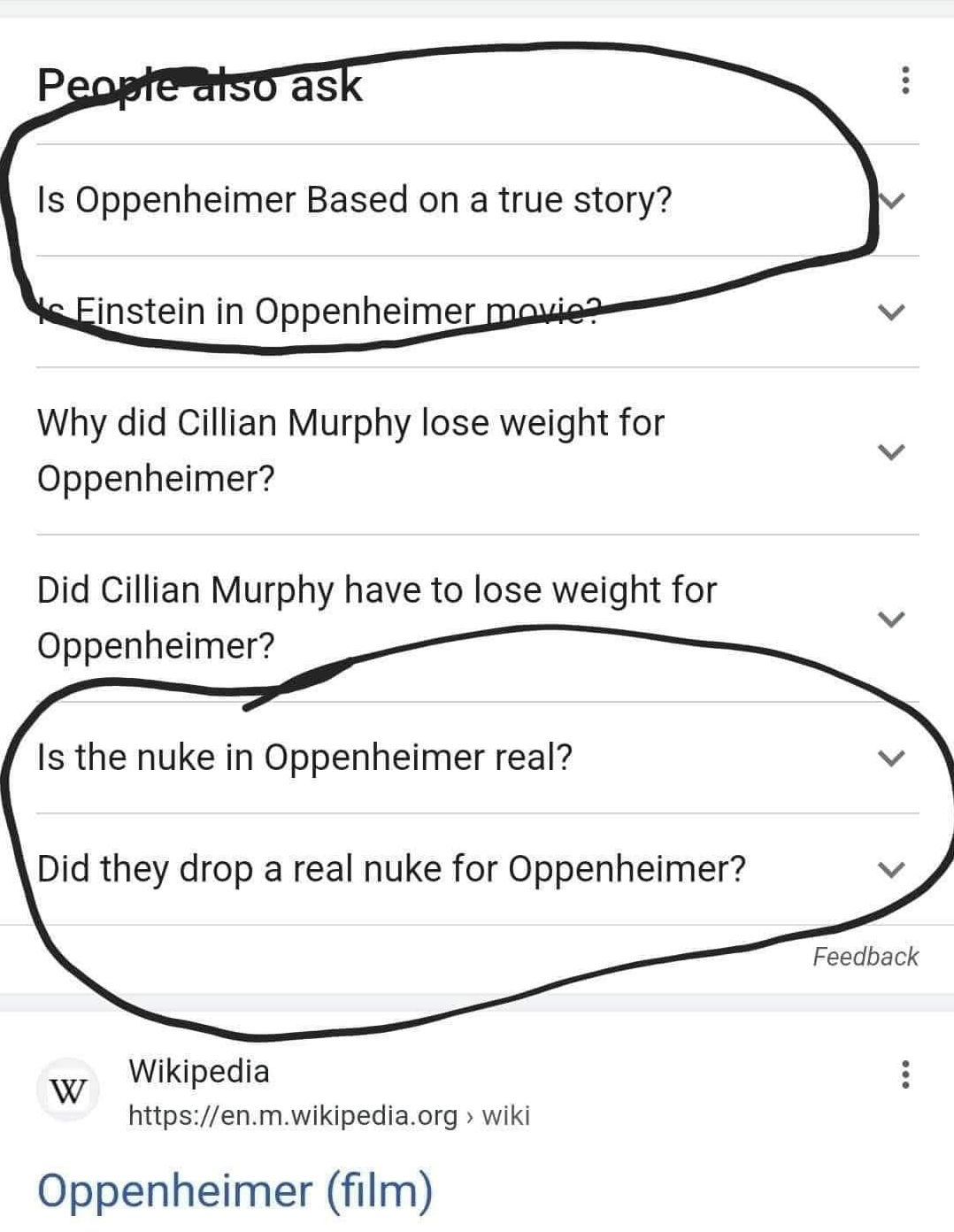 Image of text showing a list of 'People also ask' 
suggestions from a Google search answering a question about the movie 
'Oppenheimer'.