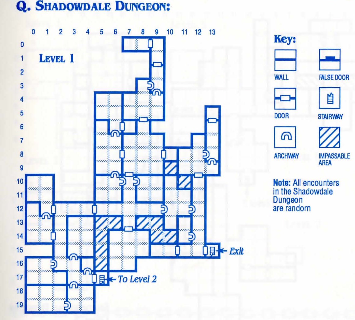 Map from the clue book for the CRPG Curse of the Azure Bonds, showing the first level of the 'Shadowdale Dungeon'.  Note that 'All encounters are random' 