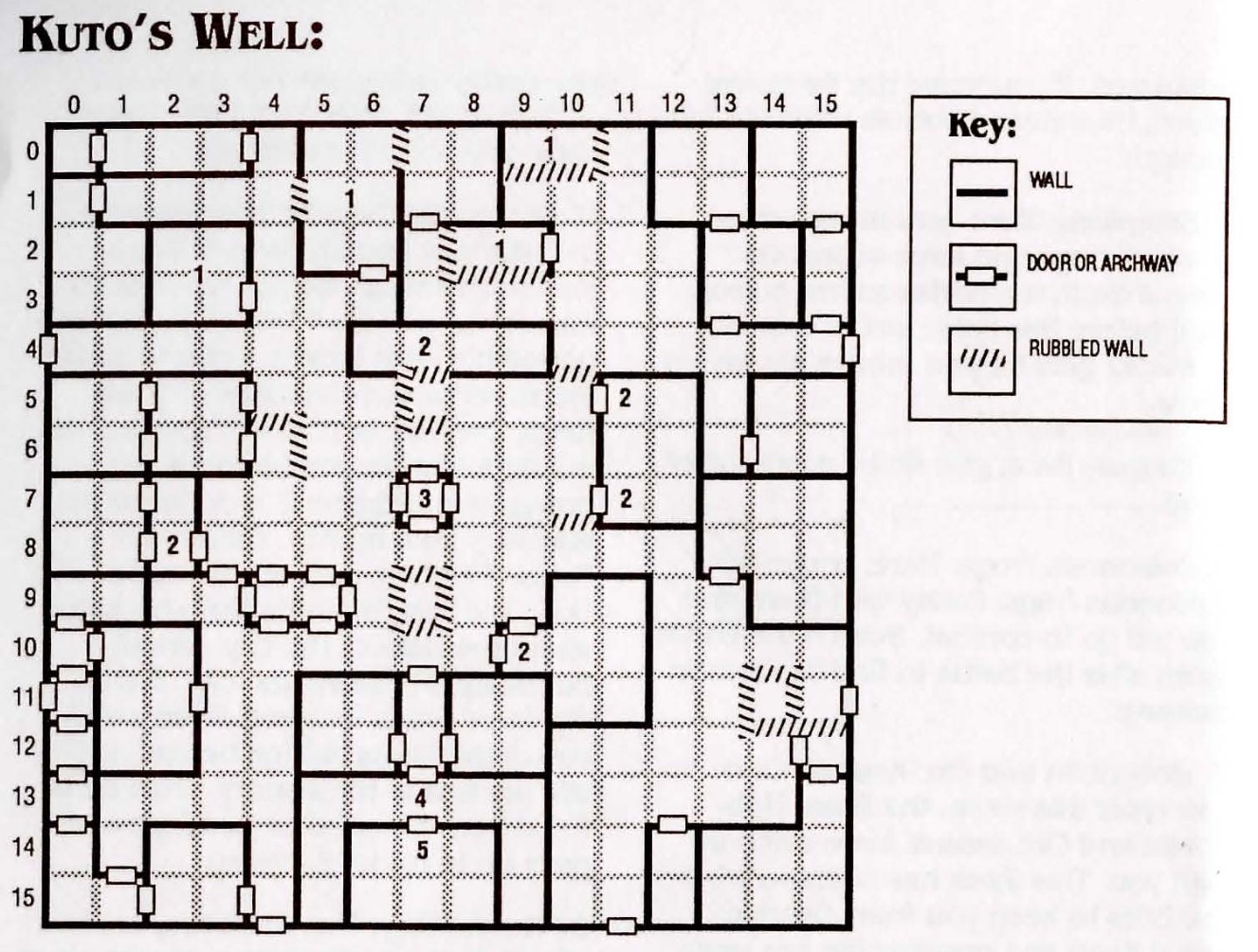 Map from the clue book for the CRPG Pool of Radiance showing 'Kuto's Well'.  Note the well featured prominently in the center, and the multiple locations possible for some of the encounters.