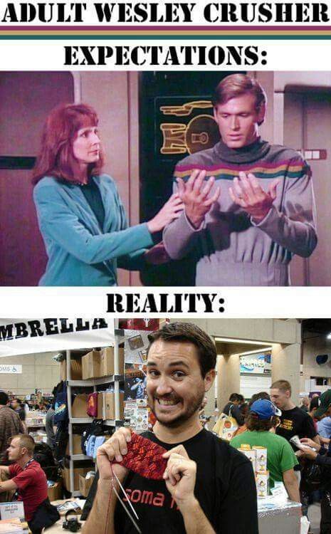 Two images.  First image titled 'Expectations', from TNG episide 'Hide and Q', showing the 10-years-older Wesley Crusher along with his mother Beverly Crusher.
Second image titled 'Reality' showing  a recent image of Wil Wheaton at a convention, adorably and excitedly holding something.